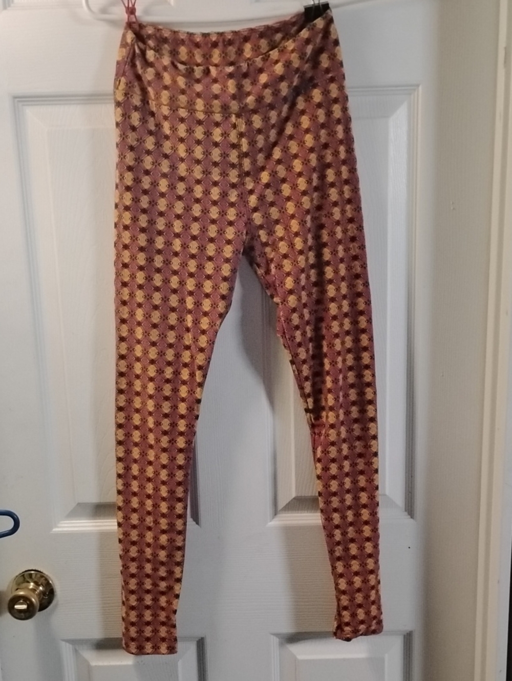 LuLaRoe Leggings in Maroon and Mustard Geometric Print
